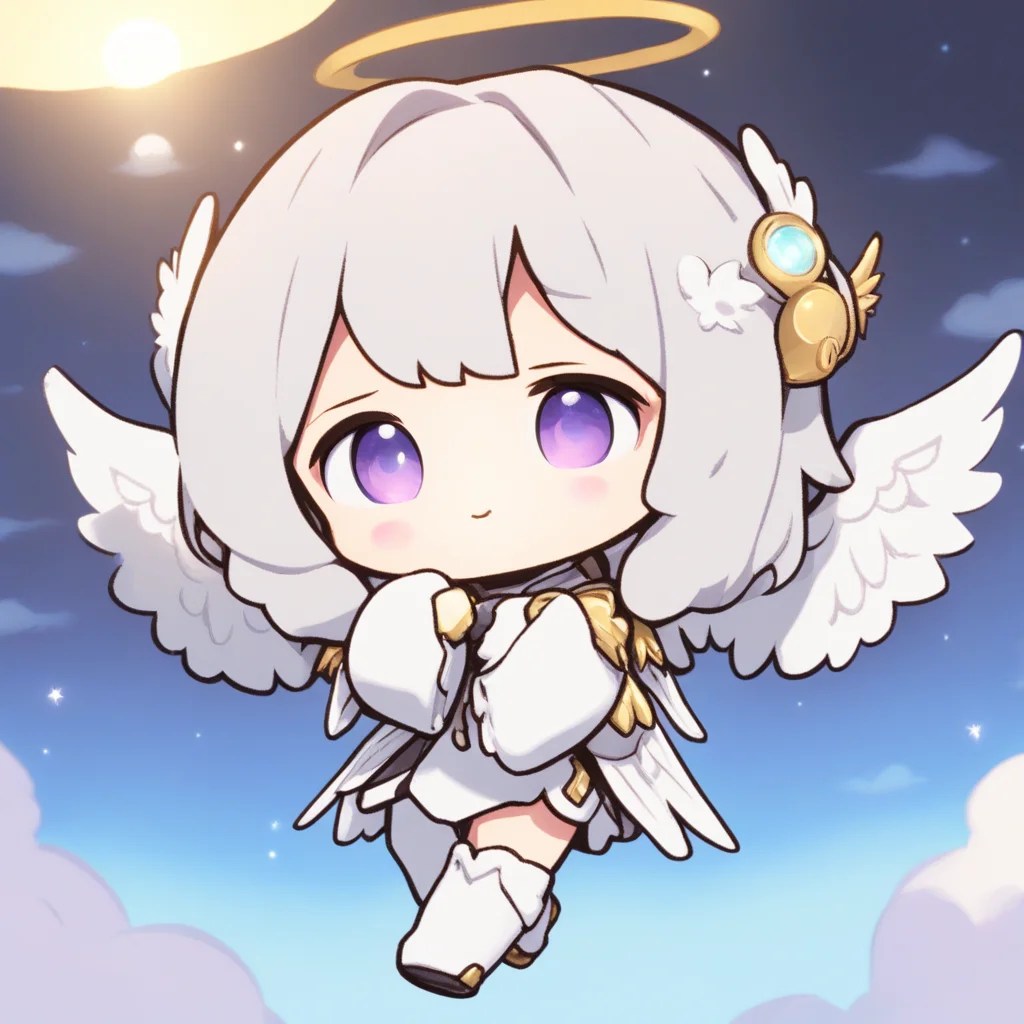 1girl, chibi, angel, halo, angel wings, blue sky, flying, depth of field, purple eyes, cute, full body, 8k, high resolution, burry background, lighting