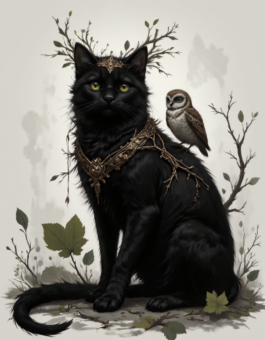 A majestic cat sitting serenely, with a regal expression, adorned with a crown made of intricately intertwined twigs and branches. The cat's dark fur has a glossy sheen, and its piercing, intelligent eyes convey both wisdom and authority. Perched on the cat's shoulder is a small owl, with brown and white speckled feathers, looking curious and observant. The owl's gaze adds to the sense of mysticism in the scene. The background is abstract and neutral, with soft, swirling tones of gray and subtle textures that blend into the atmosphere, creating an ethereal, natural feel. The overall scene conveys a mystical and natural theme, with a harmonious balance between the powerful presence of the cat and the gentle curiosity of the owl, <lora:aidmaImageUpraderv0.3:0.4> aidmaimageupgrader,  <lora:aidmaMJ6.1v0.4:0.6> aidmaMJ6.1,  <lora:cheats:1>