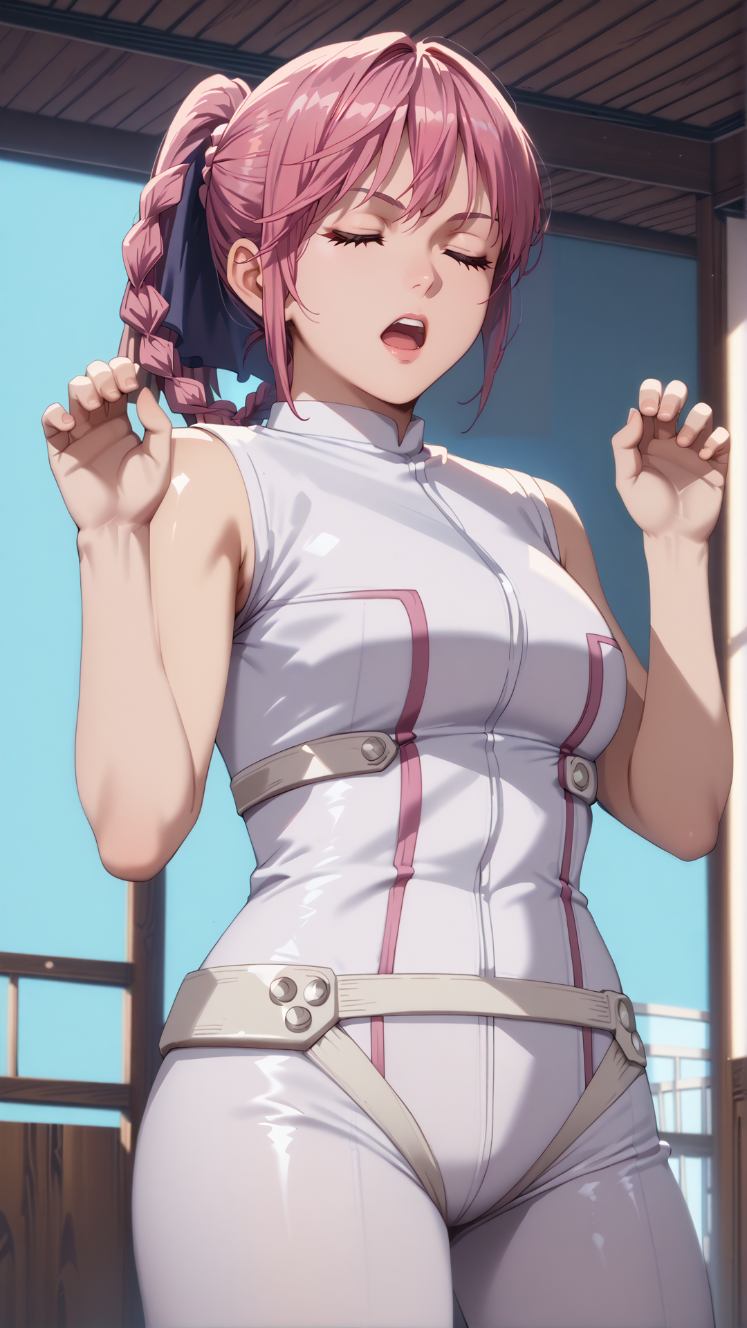sjsartstyle, 2d, (zPDXL2), cowboy shot, dynamic shot, dynamic angle, webtoon, anime, (centered), masterpiece, 1girl, 1woman, solo, ((hands up, giving up)), open mouth, tanned skin, Renren, closed eyes, ponytail, pink hair, braid, sleeveless, white skintight suit, indoors, <lora:sd_xl_dpo_lora_v1:1>, <lora:OMG-Is-DucHaiten_v1.0:0.1>, <lora:sjsartstyle pony:1>, <lora:GoGoLoserRanger:0.8>