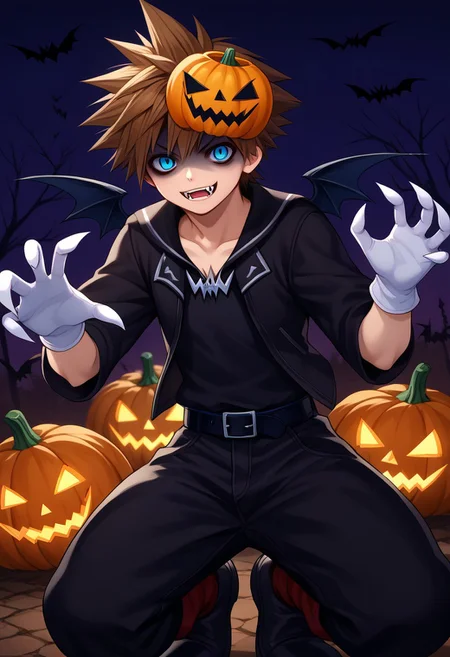 score_9, score_7_up, source_anime
sora, 1boy, male focus, solo, blue eyes, brown hair, spiked hair, halloween costume, fangs, mask on head, wings, bat wings, black wings, shirt, black shirt, jacket, black jacket, open jacket, open clothes, long sleeves, gloves, white gloves, belt, black belt, pants, black pants, baggy pants, socks, black and red socks, shoes, black and white footwear, shaded face, pale,
jack-o'-lantern, pumpkin,
