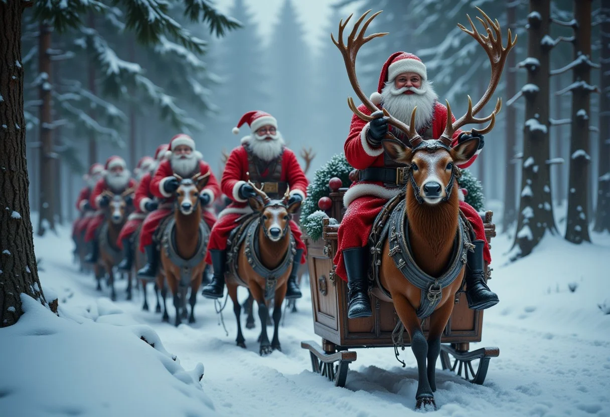A deer riding the sledge, pulled by several Santa Clauses, Christmas atmosphere, ultra realistic, high quality, masterpiece, extremely detailed, hd, high_detailed, captured in high detail, bo-christmas