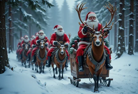 A deer riding the sledge, pulled by several Santa Clauses, Christmas atmosphere, ultra realistic, high quality, masterpiece, extremely detailed, hd, high_detailed, captured in high detail, bo-christmas