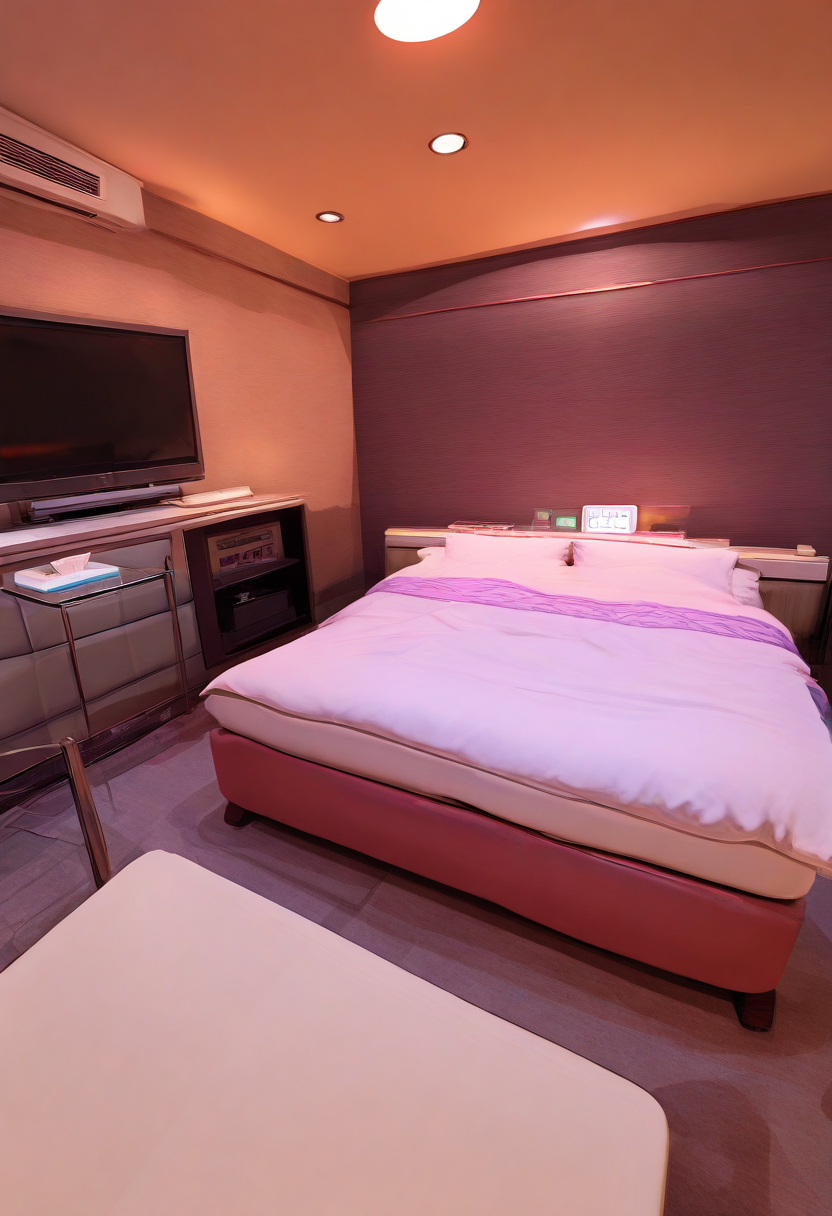 lovehotel, scenery, indoors, table, couch, television, bed, pillow, blanket, LHbedpanel, phone, tissue box, 
masterpiece, best quality, amazing quality, very aesthetic, absurdres, newest,
<lora:lovehotel_Illustrious_V1P:1>
