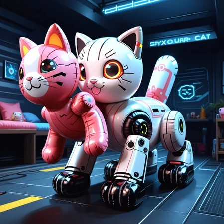 Latex inflatable cat next to a cyberpunk robot