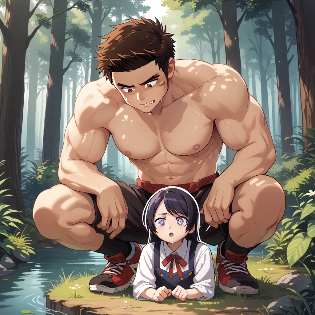 score_9, score_8_up, score_7_up, source_anime, masterpiece, best quality <lora:raeyr:1>raeyr, 1boy, youngraeyr, long sideburns hair, muscular, , from behind, Squatting, ready to jump, expressionless, emotionless_sex, @_@, spiral-only eyes, blank_stare, spiral,drool,, in a forest , trees , lake ,,