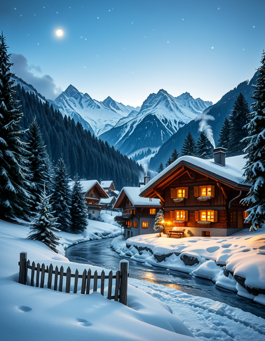 A stunning winter scene in the Tyrol region of Austria. A charming wooden chalet with traditional alpine architecture stands on a gentle snow-covered slope, surrounded by dense evergreen forests blanketed in fresh snow. The chaletâs warm interior lights glow softly through its large windows, creating a cozy contrast against the cool twilight hues of the sky. A plume of smoke drifts from the chimney, hinting at a roaring fireplace inside. In the foreground, a small wooden fence is partially buried under the snow, while a frozen river winds through the valley, reflecting the moonlight. Towering, snow-capped peaks of the Austrian Alps dominate the background, adding a breathtaking sense of grandeur. Snowflakes gently fall, adding movement and depth to the peaceful, picturesque scene. The image is hyper-realistic, capturing the intricate textures of the wood, snow, and ice, with cinematic lighting that highlights the magical winter ambiance.
<lora:SDXLFaeTastic2400:0.4> <lora:extremely_detailed:0.4> extremely detailed,<lora:winter_scene_in_the_Tyr0l:1>,winter scene in the Tyr0l, Masterpiece,best quality,hi res,8k,hi res,8k,award winning,(sharp focus, intricate, highly detailed),