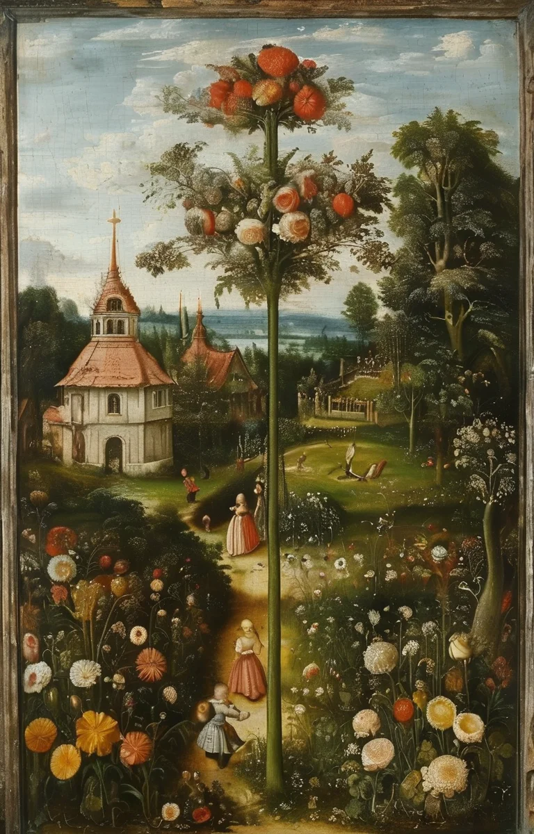 masterpiece,best quality,<lora:tbh283-sdxl:0.9>,illustration,style of Lucas Cranach the Elder A bottle of perfume in garden