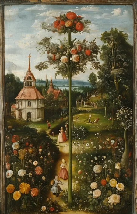 masterpiece,best quality,<lora:tbh283-sdxl:0.9>,illustration,style of Lucas Cranach the Elder A bottle of perfume in garden