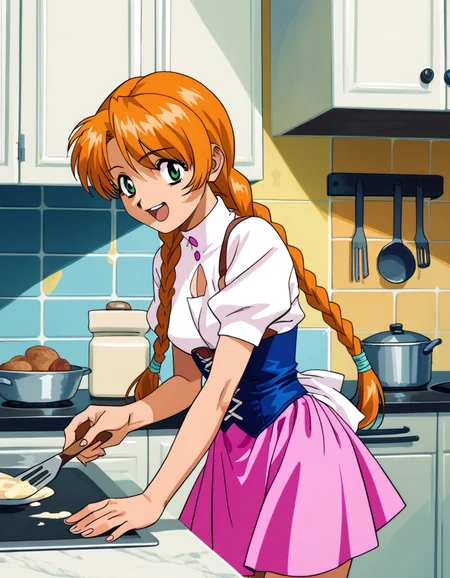 score_9, score_8_up, score_7_up <lora:jota-extend-ponyxl:0.6> 1girl, solo, jota, green eyes, orange hair, twin braids, white shirt, short sleeves, blue corset, pink skirt, kitchen, cooking, happy, retro artstyle
