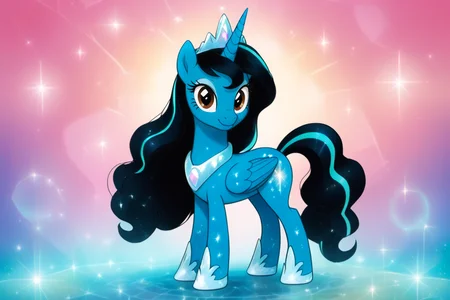 score_9, score_8_up, score_7_up, score_6_up, source_pony, extremely detailed, BREAK
(light blue pony:1.3), dark brown eyes, black hair, blue highlights, crown, , long hair, princess, adult alicorn, happy, female, solo, quadraped, looking at viewer, (full body:1.4), crystal ice cutie mark BREAK
<lora:Shoujo_Bubbles:1.5> sh0jo_bubbles light blue
<lora:add-detail-xl:1>
<lora:SDXLFaeTastic2400:1>