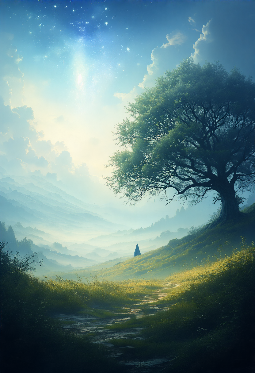 landscape scene with a shallow depth of field, focusing on a single tree in the foreground