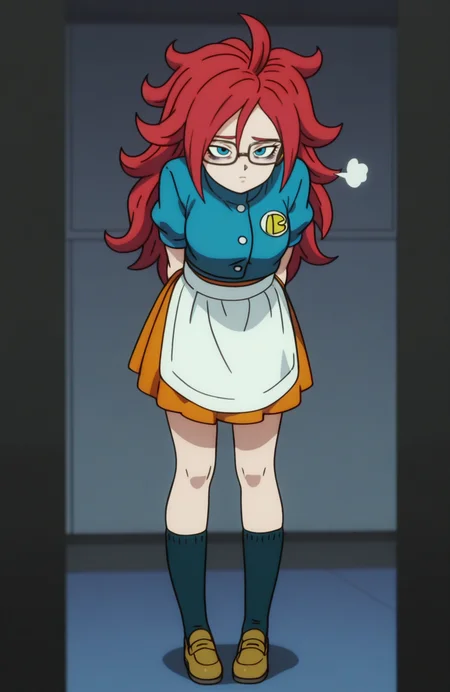 <lora:anatomy_helper:0.8> 1girl, solo, <lora:Broly_v1:0.9> dbsb,
waitress outfit, crop jacket, pleated skirt, overknee socks, loafers, waist apron, android 21, blue eyes, red hair, glasses ,
convention, gloomy, downcast eyes, frown, hunched shoulders, bord, gloomy aura, expressionless, lowered eyelids, bags under eyes, sigh, depressed,,thumbs up, extremely detailed, highres, masterpiece, best quality