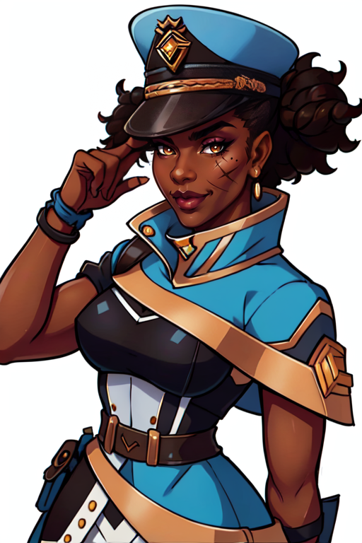 masterpiece,best quality,extreme detail,8k,image sharpness,<lora:Octavia:0.8>, octavia2,1girl,solo,looking at viewer,smile,brown hair,hat,brown eyes,dark skin,mole,uniform,official alternate costume,dark-skinned female,lips,makeup,scar,lipstick,portrait,peaked cap,mole under mouth,eyeshadow,nose,