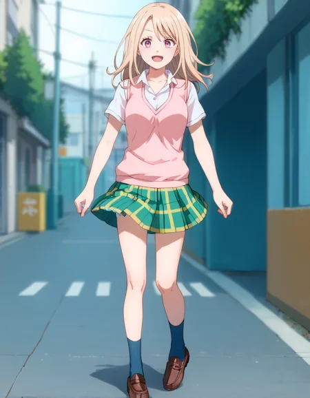 score_9, score_8_up, score_7_up, source_anime, BREAK
1girl, solo, blurry background, looking at viewer, full body, walking, open mouth, outdoors, street, buidlings, happy, pointing at viewer,
mona kawai (medakawa), long hair, blonde hair, parted bangs, pink eyes,
school uniform, white collared shirt, pink sweater vest, collarbone, short sleeves, green plaid skirt, blue socks, brown loafers,
<lora:mona_kawai-medakawa_s1_v3-anime-soralz:1>