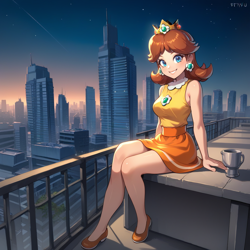 score_9, score_8_up, score_7_up, score_6_up, score_5_up, score_4_up, zPDXL2,source_anime,rating_questionable,<lora:Cityscape:0.7> c1tysc4pe, outdoors, cityscape, rooftop, city skyline, night, night time, sitting, table,  princess daisy     , looking at viewer, smile