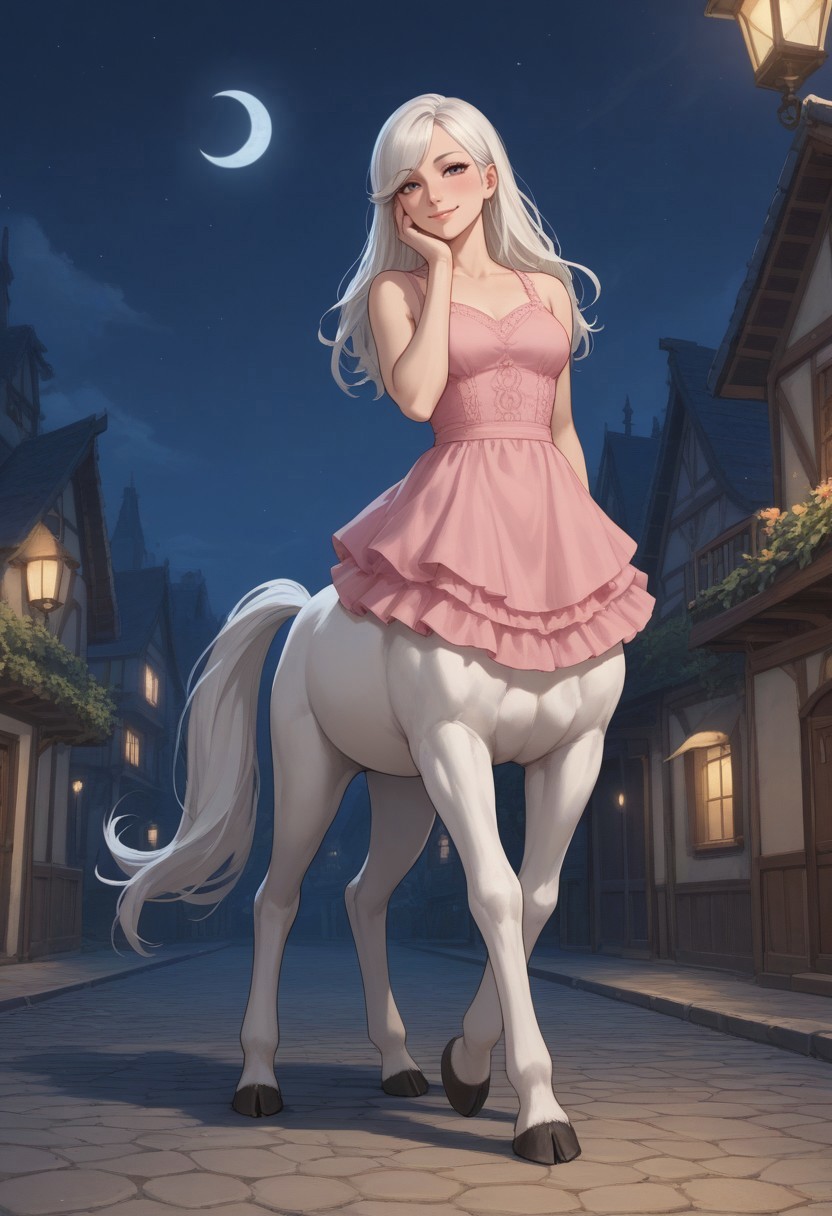 score_9,score_8_up,score_7_up,score_6_up,score_5_up,score_4_up, BREAK woman, centaur, solo, smile, village, night, hooves, white horse tail, white hair, swept bangs, white fur, pink dress, eyelashes, romantic, full body, hand on cheek
