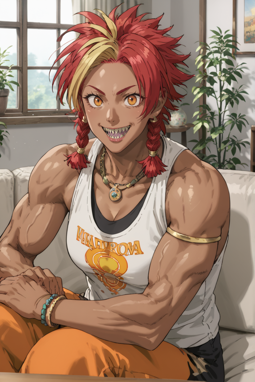 score_9, score_8_up, score_7_up,
<lora:One_Punch_Man:0.8>, anime coloring, 
sitting on couch, living room, window    <lora:Samone_Versus_for_PonyXL:0.8> 1girl, s4mone, dark skin, jewelry, muscular, braid, sharp teeth, two toned hair, red hair, orange eyes, smile