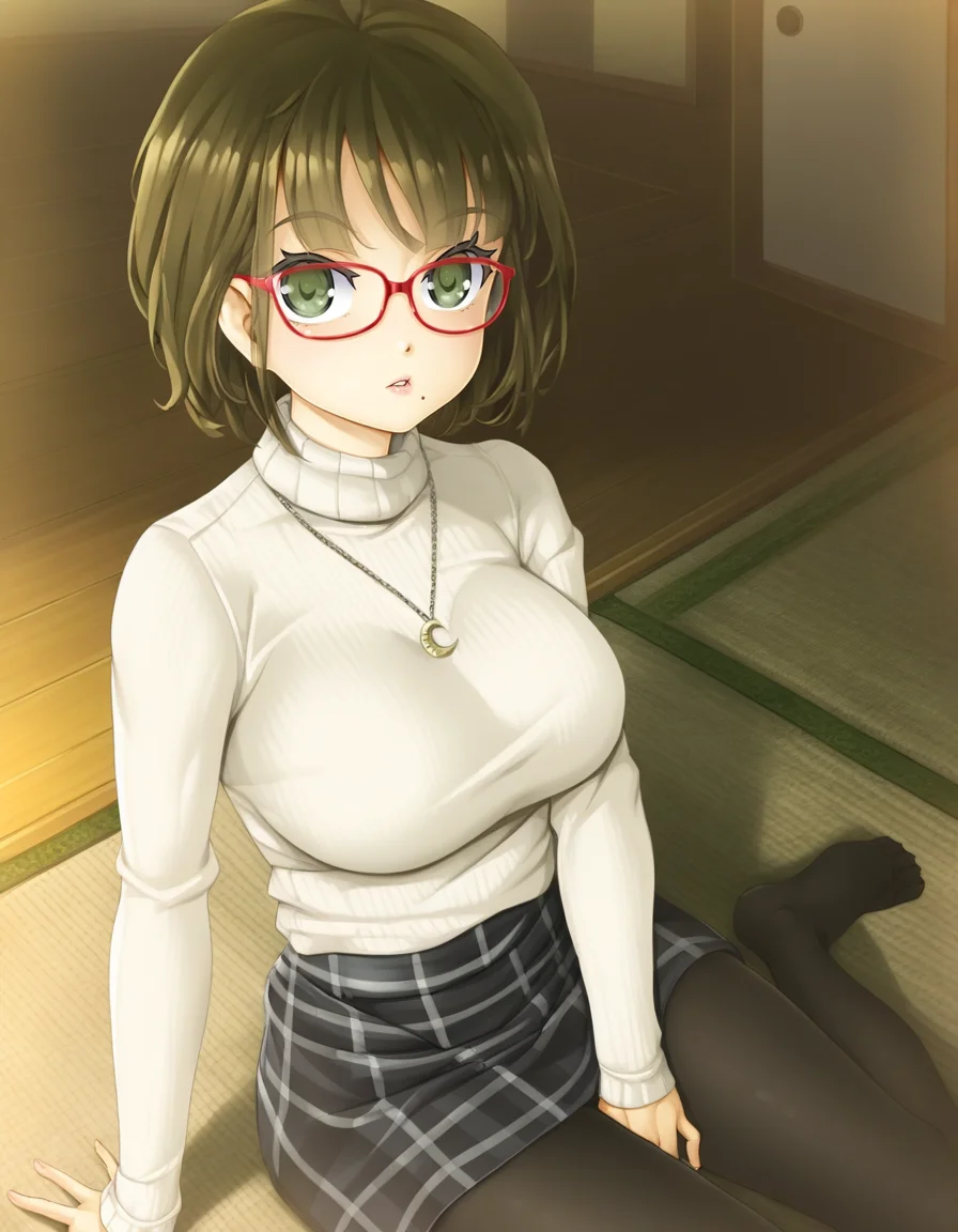 tsukioka karen, dark green eyes, dark brown hair, mole under mouth, red-framed eyewear, short hair, large breasts, white turtleneck sweater, plaid skirt, black pantyhose, crescent necklace, sitting, tatami, parted lips, solo <lora:Biman Adam-000063:1>