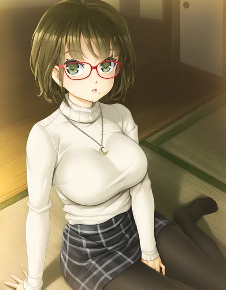 tsukioka karen, dark green eyes, dark brown hair, mole under mouth, red-framed eyewear, short hair, large breasts, white turtleneck sweater, plaid skirt, black pantyhose, crescent necklace, sitting, tatami, parted lips, solo <lora:Biman Adam-000063:1>