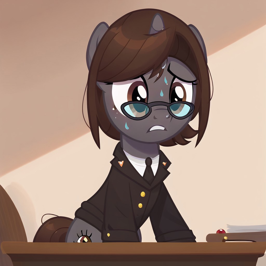 masterpiece, perfect detail, best high quality, source_pony, show accurate, cute, 1girl, solo, female, oc:sonata, glasses, attorney suit, badge on collar, pony, courtroom, defense stand, standing, standing behind desk, front hooves on desk, standing against desk, frown, scenic painting in background, nervous, sad, sweating, gritted teeth, beautiful, looking down, score_9, score_8_up, score_7_up, score_6_up, score_5_up, score_4_up