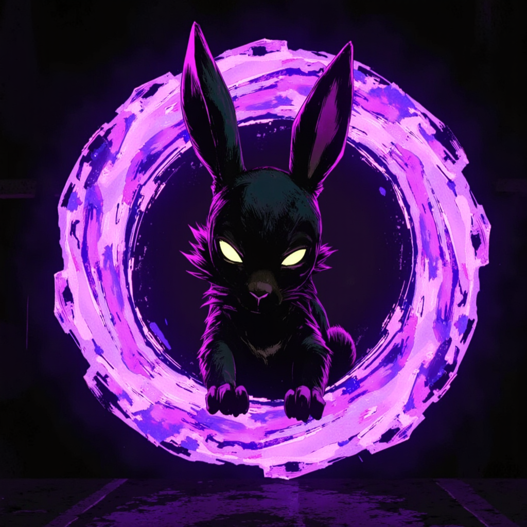 ArcaneFGTNRhigh  swirling purple glowing adorable rabbit, highlighted in white, swirls, black rabbit head with glowing eyes looking forward, black purple glowing in a circle that is hollow in the middle, simple background, round circle of swirls