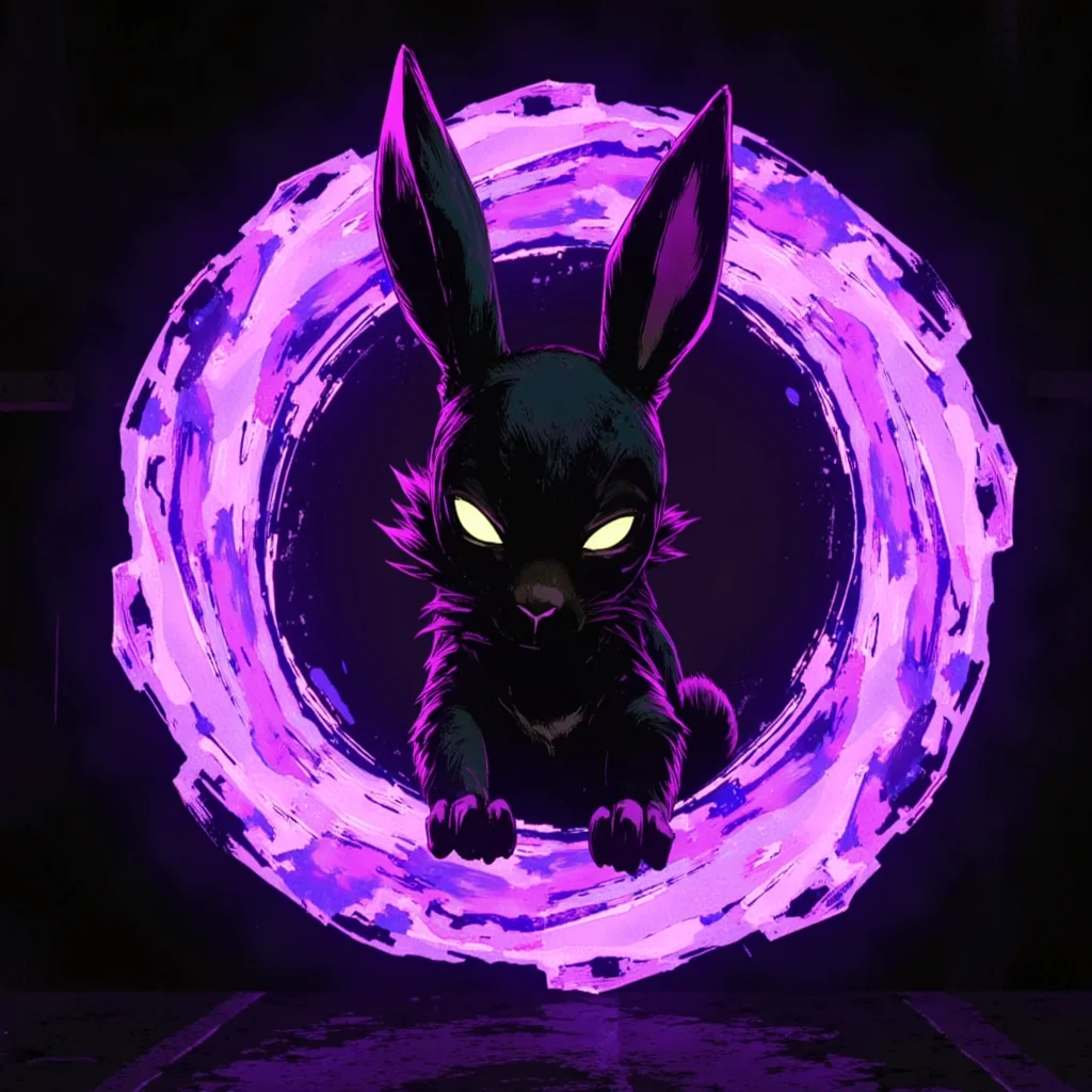 ArcaneFGTNRhigh swirling purple glowing adorable rabbit, highlighted in white, swirls, black rabbit head with glowing eyes looking forward, black purple glowing in a circle that is hollow in the middle, simple background, round circle of swirls