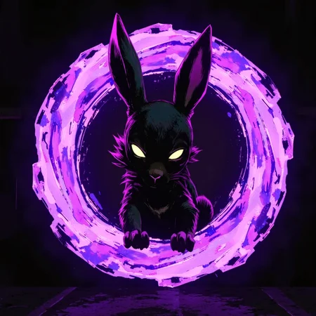 ArcaneFGTNRhigh  swirling purple glowing adorable rabbit, highlighted in white, swirls, black rabbit head with glowing eyes looking forward, black purple glowing in a circle that is hollow in the middle, simple background, round circle of swirls