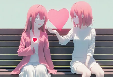 1 adult young woman in tears, 1 adult young woman angry, sitting on a bench, separated, looking away from each other, hand passing a heart, heart in the middle