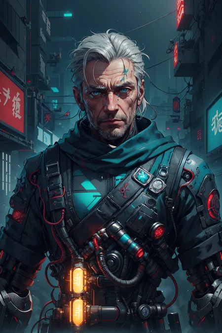 soothing tones, muted colors, high contrast, (hyperrealism, soft light, sharp), <lora:detail_slider_v4:0.8>,
(1man, wrinkled face, old italian male:1.2),   teal eyes, gray hair, straight hair, 
<lora:GoodHands-beta2:0.8>,
 solo,  half shot, looking at viewer, detailed background, detailed face, (<lora:ShinobiTech:0.6>, bulky metal, cyberpunk,   shinobitech theme:1.1), android,  biomechanical limbs, mechanical eyes, wires,  high-tech, head tilted,   augmented reality,  digital implants,     techwear, powered by electricity,   flashing blue lights, bioluminescent parts, force field,   computer screens in background, epic atmosphere,