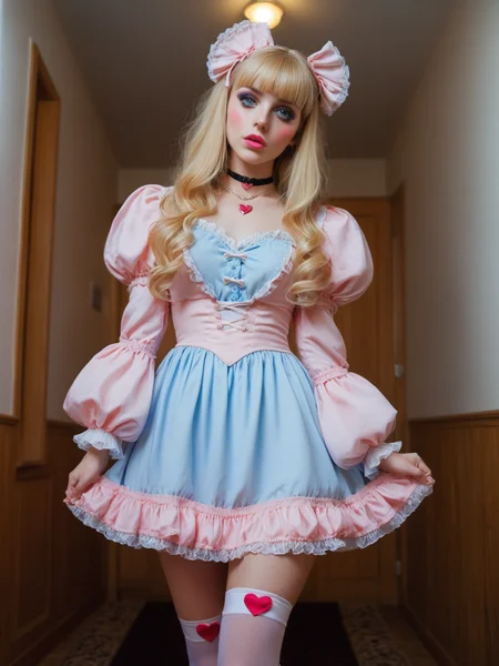21 yo house-wife, wide-angle, fisheye, full-length portrait, flash photo, blonde, blunt bangs, narrow hips, skinny, thin, petite, very tight rococo mini-dress, puffy sleeves, heart choker necklace, shiny pink lipstick, blushing pink cheeks, long legs, leg garters, platform, high heels, frilly socks, very long hair, bold makeup, simple background, subtle details, unique perspective, looking up at viewer, begging eyes, huge diamond ring on finger, glare from ring, photograph, detailed, realistic, detailed feet, detailed hands,
<lora:MJ52:0.4> <lora:c41_zenit_kodakgold_SDXL:.6>