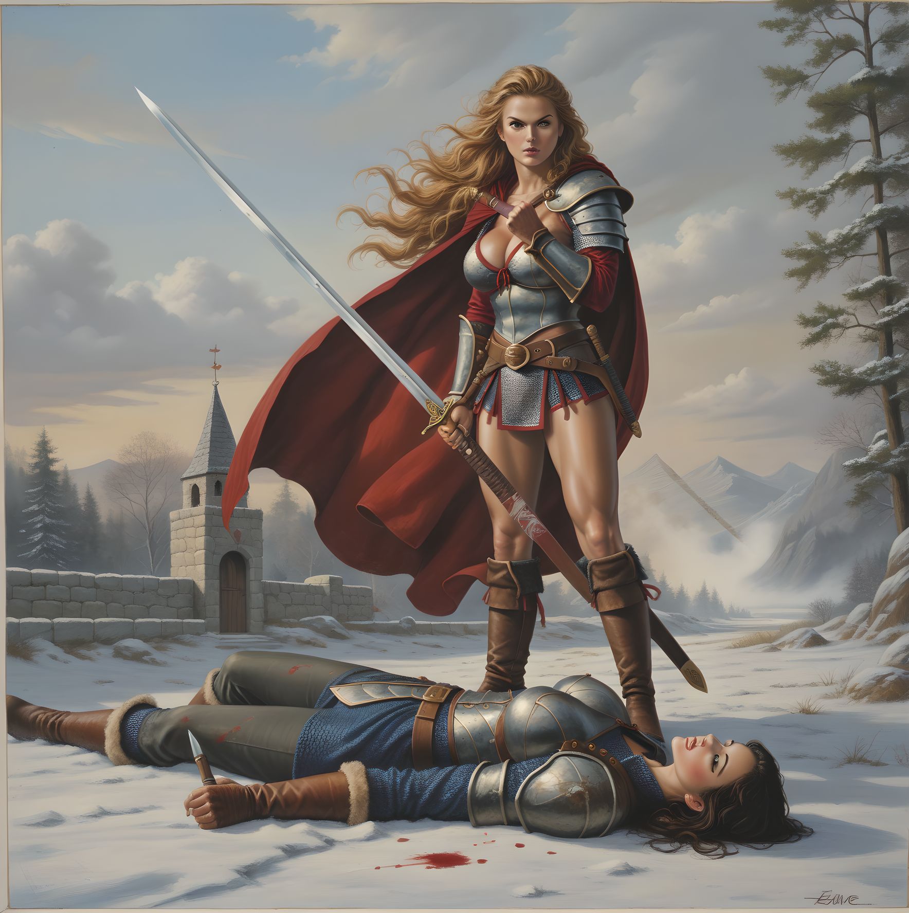 <lora:Elmore_Style:0.5> source_illustrations, elmore_style 1girls, armor, bare tree, bikini armor, boots, branch, breasts, cape, score_9, score_8_up, score_7_up, out doors, battle field, swords, adventures, larry_elmore painting illustration, adventure, skimpy armor, NSFW, massive breasts, epic fantasy art dnd a beautiful woman stands confidently, group of adventure behind, draped in flowing fabric that billows in the wind, evoking a sense of mystery and power. The scene is set in a rich fantasy world, with the hair gleaming in the perfect lighting, epic, alluring, muscular, sexy, slutty,  and intricate details in the woman’s surroundings, reminiscent of Larry Elmore’s classic art style. artist signed small bottom right 'Elmore' detailed face, epic painting painting by larry elmore, character portrait for fantasy RPG dungeons and dragons, action, violence, blood, creatures, epic location, fantasical, dragons, orcs, evles, dwarf, creatures