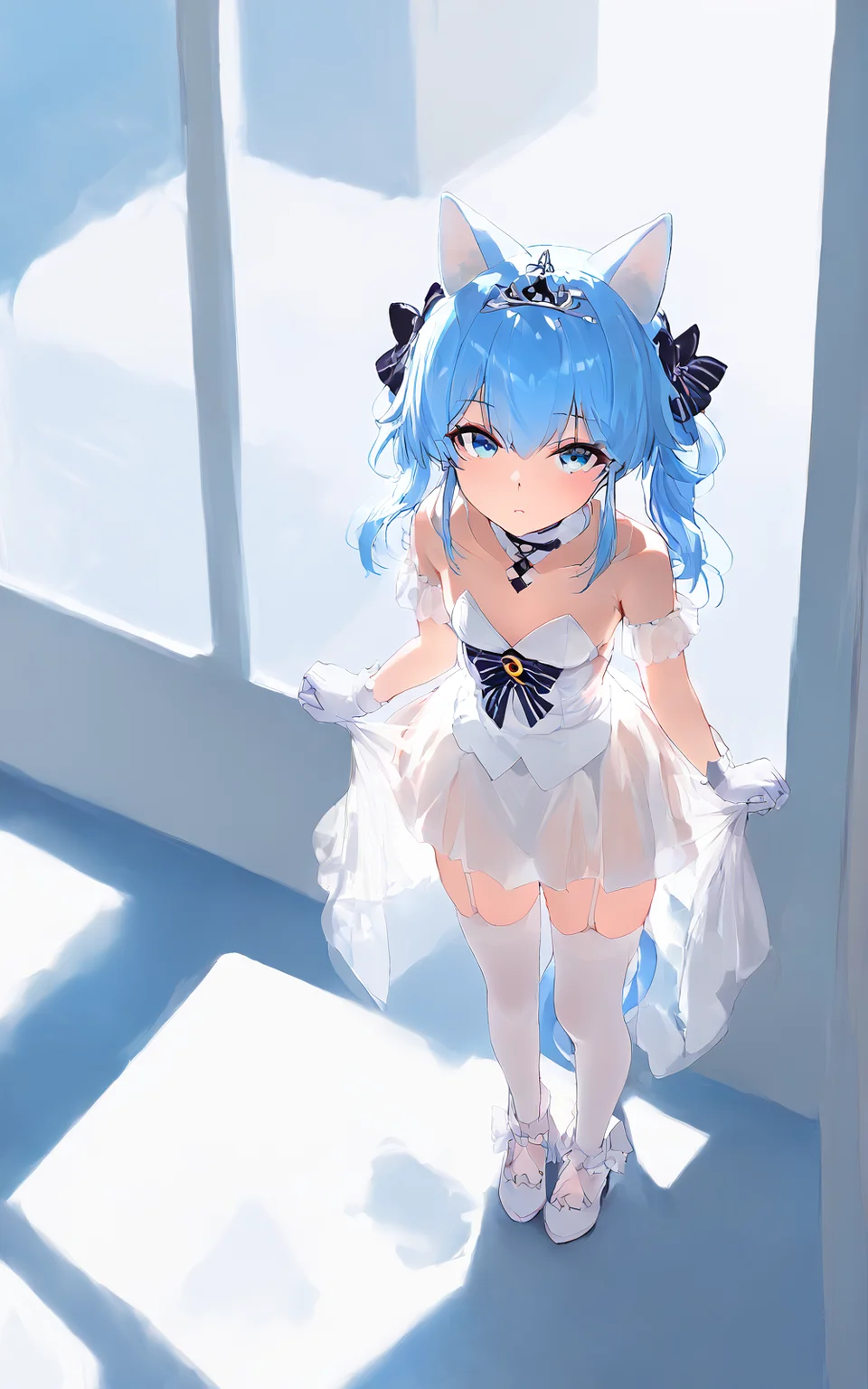 score_9,score_8_up,score_7_up,,source_anime BREAK, 1girl, solo,, s1_dram, from above, on country, Suzunami, Suzunami \\\(Azur Lane\\\), , 1girl, manjuu \(azur lane\), animal ears, official alternate costume, white gloves, tail, blue hair, blue eyes, white thighhighs, cat ears, garter straps, white dress, looking at viewer, bare shoulders, strapless, twintails, white footwear, cat tail,tiara, <lora:S1_Dramatic_Lighting_v2:0.8>,<lora:Suzunami:1>,<lora:incase-ilff-v3-4:1>