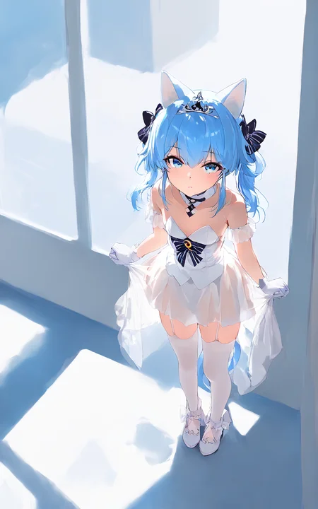 score_9,score_8_up,score_7_up,,source_anime BREAK, 1girl, solo,, s1_dram, from above, on country, Suzunami, Suzunami \\\(Azur Lane\\\), , 1girl, manjuu \(azur lane\), animal ears, official alternate costume, white gloves, tail, blue hair, blue eyes, white thighhighs, cat ears, garter straps, white dress, looking at viewer, bare shoulders, strapless, twintails, white footwear, cat tail,tiara, <lora:S1_Dramatic_Lighting_v2:0.8>,<lora:Suzunami:1>,<lora:incase-ilff-v3-4:1>