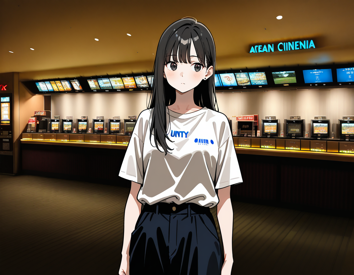 score_7_up, anime BREAK official art, solo, 1girl, one girl, 
Black hair, (chest length hair:1.2), Straight Hair, bangs, one tucked behind ear, black eyes, feature large highlight, feature double highlights, shaped eyeblow, 
<lora:Shopping_Mall-000006:1>, Shopping Mall, photo background, real world location, 
cinema complex, movie theater refreshment counter, carpeted floor, concession stand, indoors, 
(masterpiece:1.3), best quality, high resolution, unity 8k wallpaper, extremely detailed CG, 8K, (watercolor \(medium\), muted color, sketch:1.1), perfect anatomy, highly finished, masterpiece, best quality, high quality, amazing quality, great quality, very aesthetic, ultra detailed, highres, absurdres, highly detailed, highly detailed background,