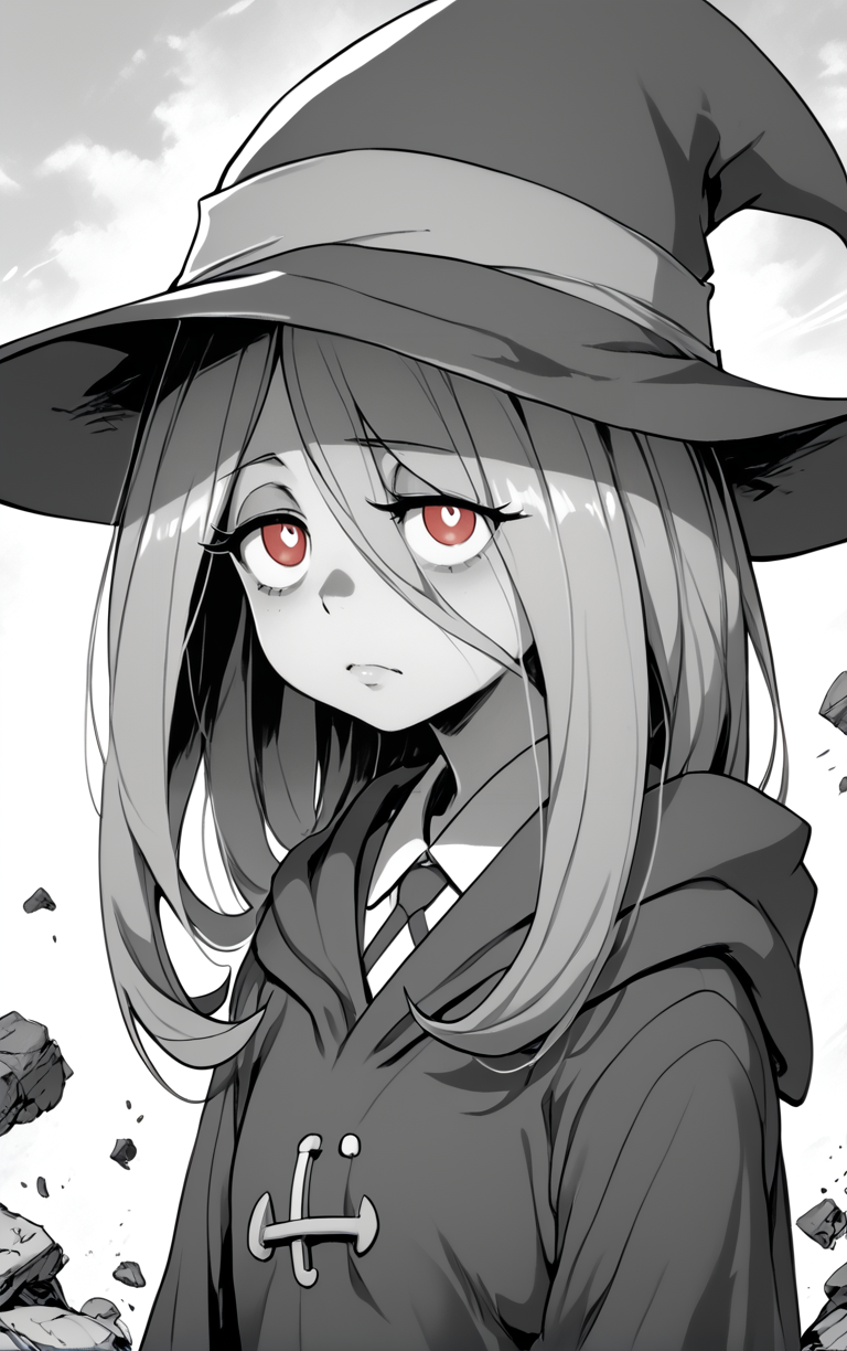 <lora:Sucy:1> sucy manbavaran, little witch academia, <lora:MythM4ngaStyle:1> monochrome, red eyes,