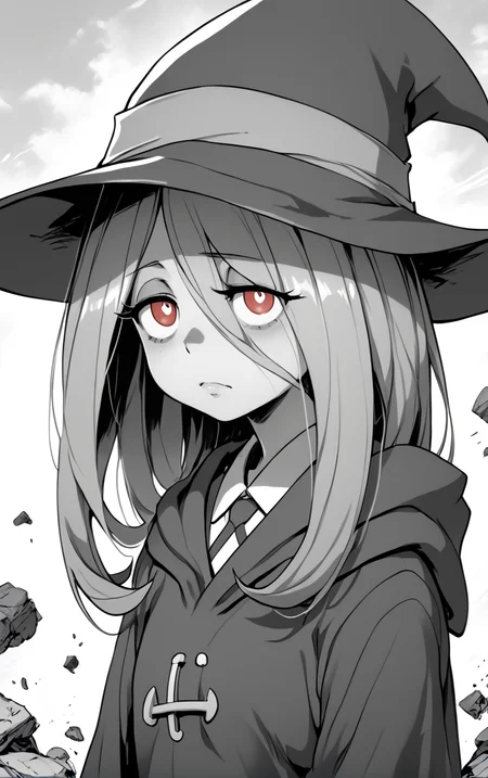 <lora:Sucy:1> sucy manbavaran, little witch academia, <lora:MythM4ngaStyle:1> monochrome, red eyes,