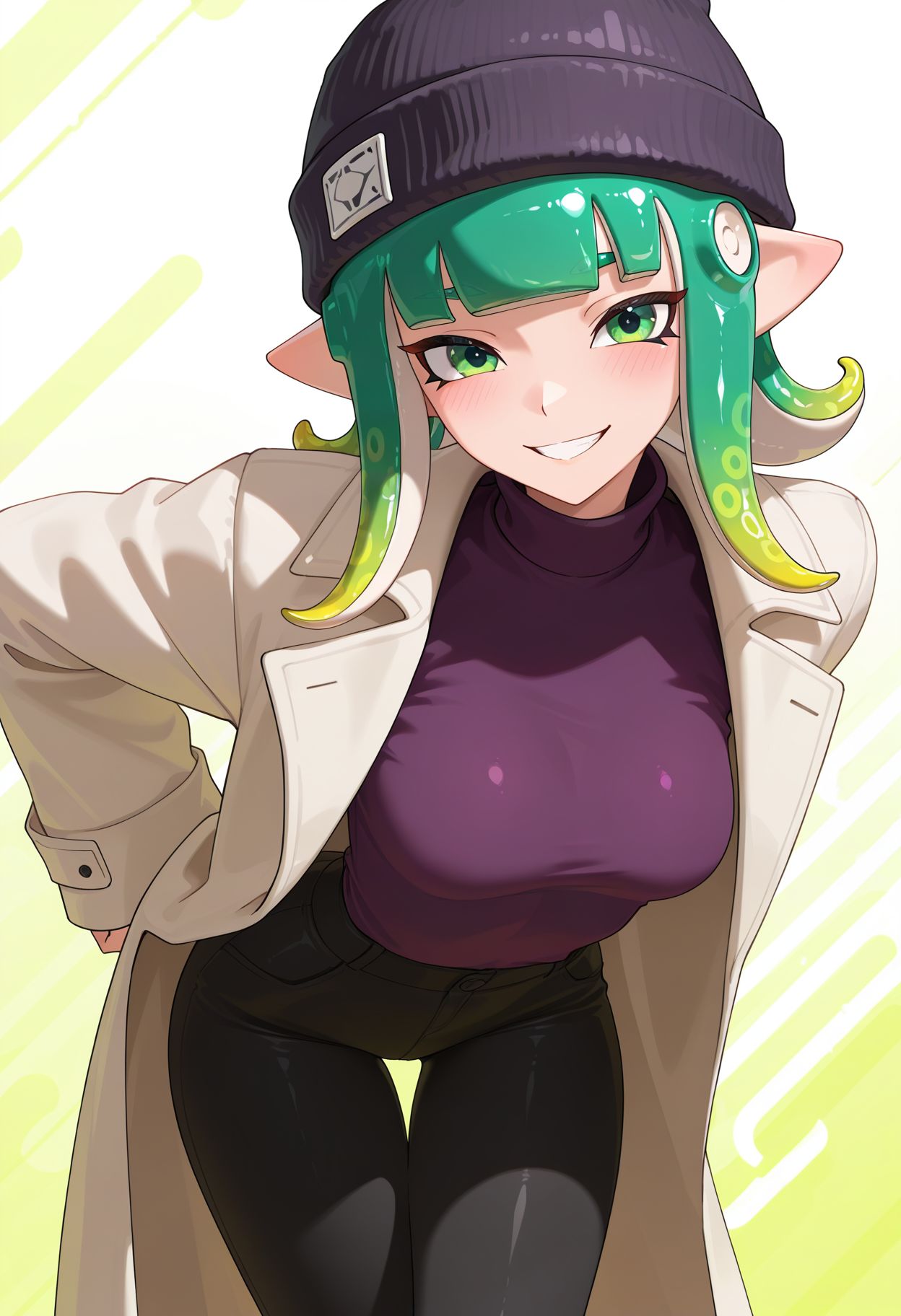 <lora:otokakoto_style_v1_IL-18:1.0> otokakoto_style, 1girl, solo, breasts, looking at viewer, blush, smile, shirt, long sleeves, hat, medium breasts, green eyes, green hair, open clothes, teeth, pants, medium hair, grin, coat, black headwear, leaning forward, turtleneck, thigh gap, black pants, tentacle hair, purple shirt, beanie, white coat, tight, tight pants, octoling, abstract background, pointy ears