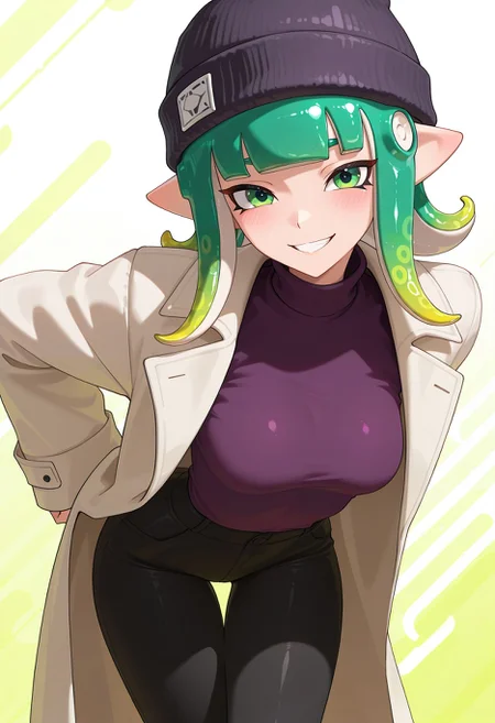 <lora:otokakoto_style_v1_IL-18:1.0> otokakoto_style, 1girl, solo, breasts, looking at viewer, blush, smile, shirt, long sleeves, hat, medium breasts, green eyes, green hair, open clothes, teeth, pants, medium hair, grin, coat, black headwear, leaning forward, turtleneck, thigh gap, black pants, tentacle hair, purple shirt, beanie, white coat, tight, tight pants, octoling, abstract background, pointy ears