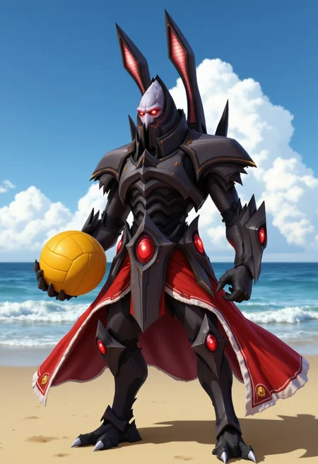 Alarak, a mouthless protoss alien in his iconic armor, he's on a beach, holding a volleyball