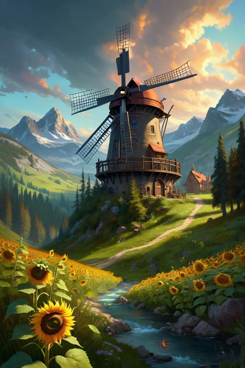 sunflower forest clearing with wooden windmill, mountain-spring necropolises where hot spring pools brew resurrection algae, their steam vents guarded by salamander spirit mediums, cinematic view, epic sky, detailed, concept art, low angle, high detail, warm lighting, volumetric, godrays, vivid, beautiful, trending on artstation, by jordan grimmer, huge scene, grass, art greg rutkowski,
<lora:detailed_notrigger:0.7>, <lora:add-detail-xl:0.3>, oil painting art style from Renaissance period, masterful composition, Renaissance mood, renaissance oil painting, brush strokes, Baroque art style, dynamic composition, dramatic lighting, rich colors, intricate details, professional-grade execution, captures the grandeur and theatricality of the Baroque period