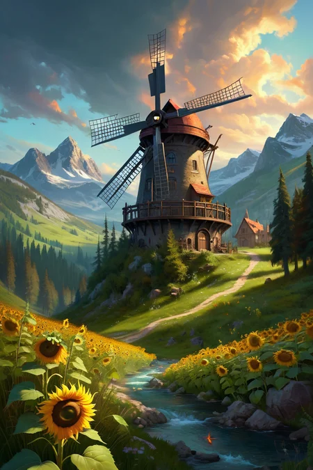 sunflower forest clearing with wooden windmill, mountain-spring necropolises where hot spring pools brew resurrection algae, their steam vents guarded by salamander spirit mediums, cinematic view, epic sky, detailed, concept art, low angle, high detail, warm lighting, volumetric, godrays, vivid, beautiful, trending on artstation, by jordan grimmer, huge scene, grass, art greg rutkowski,
<lora:detailed_notrigger:0.7>, <lora:add-detail-xl:0.3>, oil painting art style from Renaissance period, masterful composition, Renaissance mood, renaissance oil painting, brush strokes, Baroque art style, dynamic composition, dramatic lighting, rich colors, intricate details, professional-grade execution, captures the grandeur and theatricality of the Baroque period