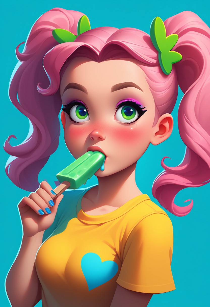 score_9, score_8_up, score_7_up, masterpiece, best quality, mercasg, BREAK 1girl, skinny, natural small breasts, blue eyes, pink candy hair, two pigtails with a wavy green elastic band, makeup, green eye shadow, black long eyes arrows, blush, yellow short t-shirt with pattern of hearts, blue manicure with pink hearts, BREAK sucking popsicle, popsicle in mouth,  BREAK medium shot, blue background