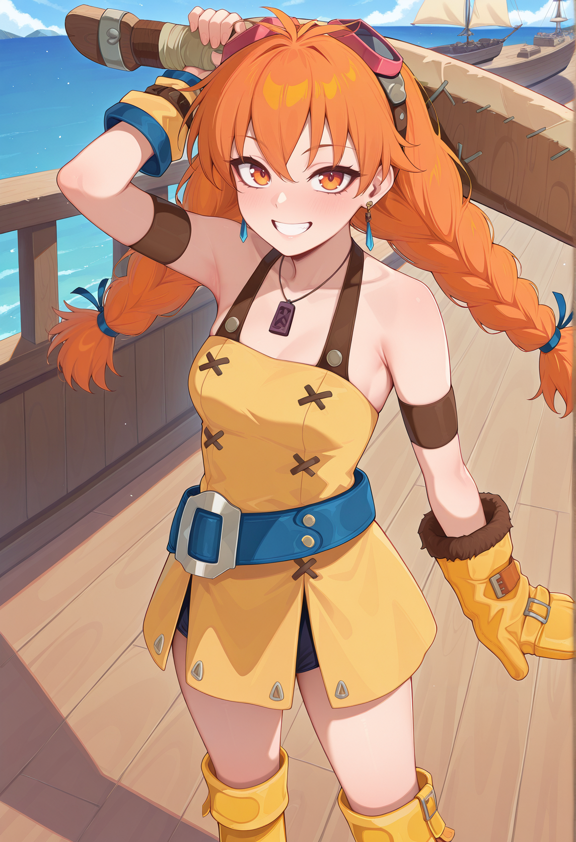 , 1girl, solo, twin braids, orange hair, long hair, orange eyes, necklace, dress straps, yellow dress, Goggles On Head, armlet, blue belt, wristband, single glove, mittens, yellow boots, holding boomerang, outdoors, ship deck, smile, teeth <lora:Aika_arcadia:1>, masterpiece, best quality, amazing quality, very aesthetic, absurdres, highres, newest
