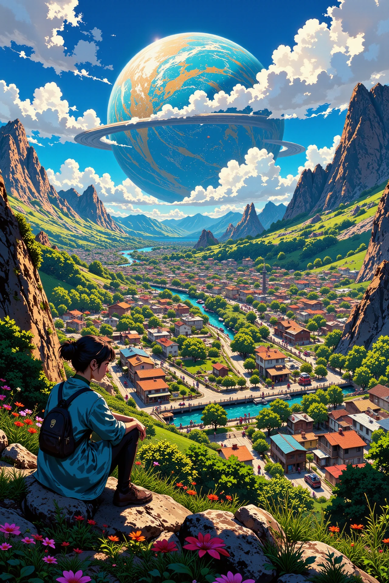planetary town beautiful  landscape, morning, woman, very intricate, very detailed, sharp, bright, colorful, <lora:Hand v2:0.5> <lora:Anti-Blur:1><lora:Insane Detail Slider:0.25>  <lora:flux.1_lora_flyway_Epic-detail_v2:0.3> <lora:fluxenhancer:0.25> <lora:ROWER:0.6> <lora:flux-charmer-v1-1:0.4><lora:Vibrantly_Sharp_style_v.5:0.4> <lora:realanime:1>