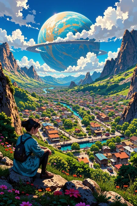 planetary town beautiful landscape, morning, woman, very intricate, very detailed, sharp, bright, colorful, <lora:Hand v2:0.5> <lora:Anti-Blur:1><lora:Insane Detail Slider:0.25> <lora:flux.1_lora_flyway_Epic-detail_v2:0.3> <lora:fluxenhancer:0.25> <lora:ROWER:0.6> <lora:flux-charmer-v1-1:0.4><lora:Vibrantly_Sharp_style_v.5:0.4> <lora:realanime:1>