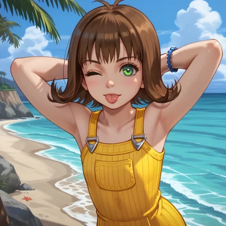 score_9, score_8, score_7, Break, selphie_kh, brown hair, short hair, green eyes, yellow dress. bracelet, cute, one eye closed, hands behind head, tongue, beach, natural lighting
