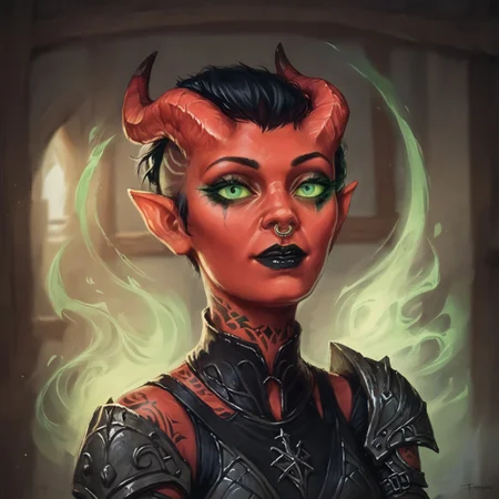 (((beautiful, high quality))), upper Body, woman, goth, short hair, undercut hair, green eyes, score_9, score_8_up, score_7_up, Tiefling, pointed ears, horns, colored sclera, 1girl, red skin, black armor, green energy, looking at the viewer, posing, dynamic pose, blurred background, in the style of jeff-easley, oil painting, realistic, tattoos, black hair, piecings, black lipstick, black makeup, symmetrical horns, nose ring, lips closed, solo,