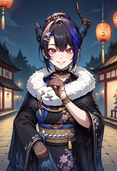 score_9, score_8_up, score_7_up, source_anime, 1girl, solo, NerissaNewYears, streaked hair, black hair, blue hair, red eyes, slit pupils, uneven horns, hair bun, hair flowers, hairclip, tassel earrings, frilled choker, black kimono, feather-trimmed kimono, floral print, white fur scarf, black lace gloves, outdoors, shrine, smile, night, festival, <lora:ChamNerissaRavencroftPonyXLCame-000008:1>