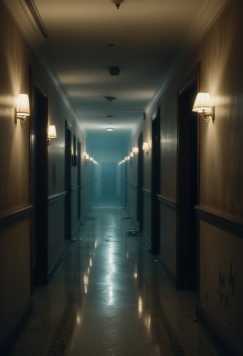 (medium full shot) of inside a unsettling deserted hotel corridors, foggy, shadowy, distant echoes, at twilight, ,Masterpiece,best quality, raw photo, realistic, very aesthetic