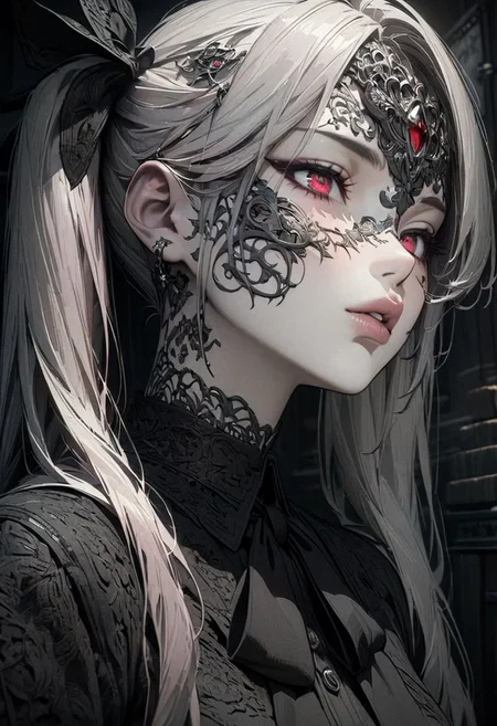 1woman, solo, long hair, pink hair, black choker, green eyes, eyeliner, gorgeous lips, cinematic, gorgeous lips, (masterpiece), (best quality), (ultra-detailed), very aesthetic, illustration, perfect composition, intricate details, absurdres, detailed face, (anime, masterpiece, intricate:1.3), (best quality, hires textures, high detail:1.2), (4k),(incredibly detailed:1.4)
greyscale, black schoolgirl uniform with red, white hair pigtails with bows, red eyes, dark erie room, ambient lighting